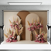 Aperturee - Aperturee Pink Floral Boho Feather Wedding Photography Backdrop