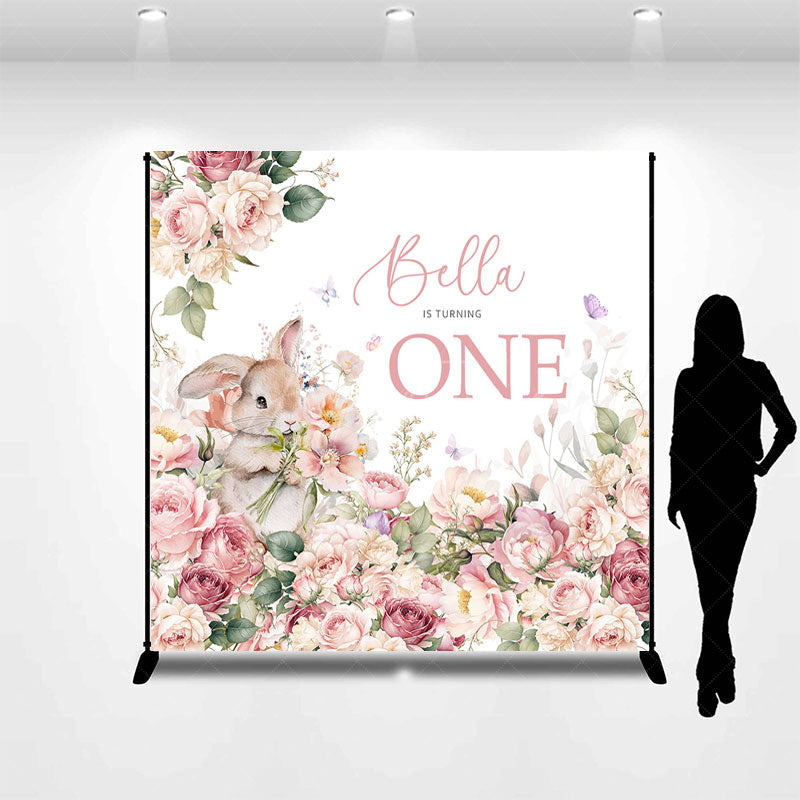 Aperturee - Aperturee Pink Floral Bunny Custom Name 1st Birthday Backdrop