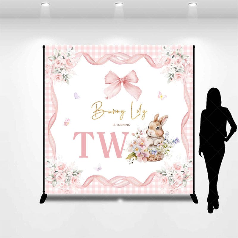 Aperturee - Aperturee Pink Floral Bunny Custom Name 2nd Birthday Backdrop