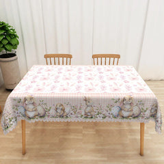 Aperturee - Aperturee Pink Floral Bunny Rectangle Tablecloth Spring Flower Rabbit Pattern Table Cover Easter Kitchen Dining Decor