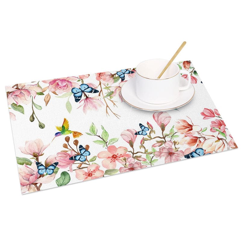 Aperturee - Aperturee Pink Floral Butterflies Spring Set of 4 Placemats