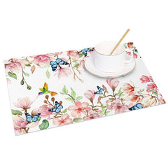 Aperturee - Aperturee Pink Floral Butterflies Spring Set of 4 Placemats