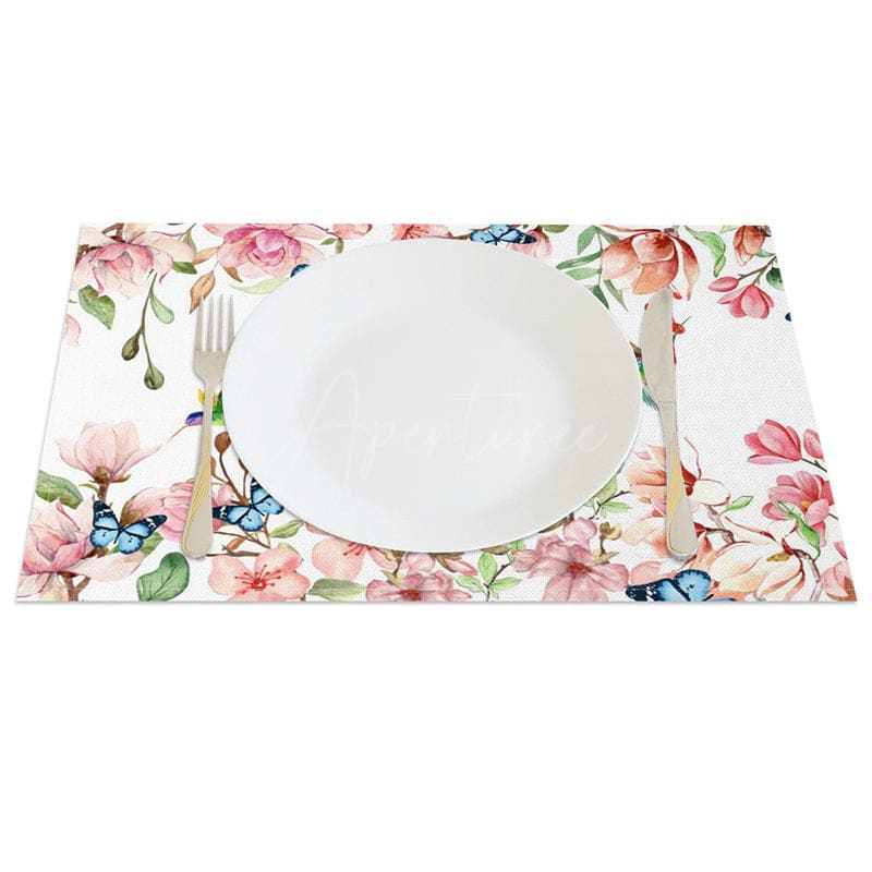 Aperturee - Aperturee Pink Floral Butterflies Spring Set of 4 Placemats