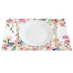 Aperturee - Aperturee Pink Floral Butterflies Spring Set of 4 Placemats