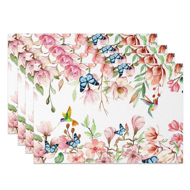 Aperturee - Aperturee Pink Floral Butterflies Spring Set of 4 Placemats
