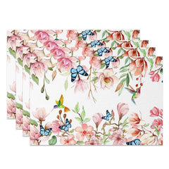 Aperturee - Aperturee Pink Floral Butterflies Spring Set of 4 Placemats