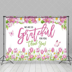 Aperturee - Aperturee Pink Floral Butterfly Grateful Thank You Backdrop