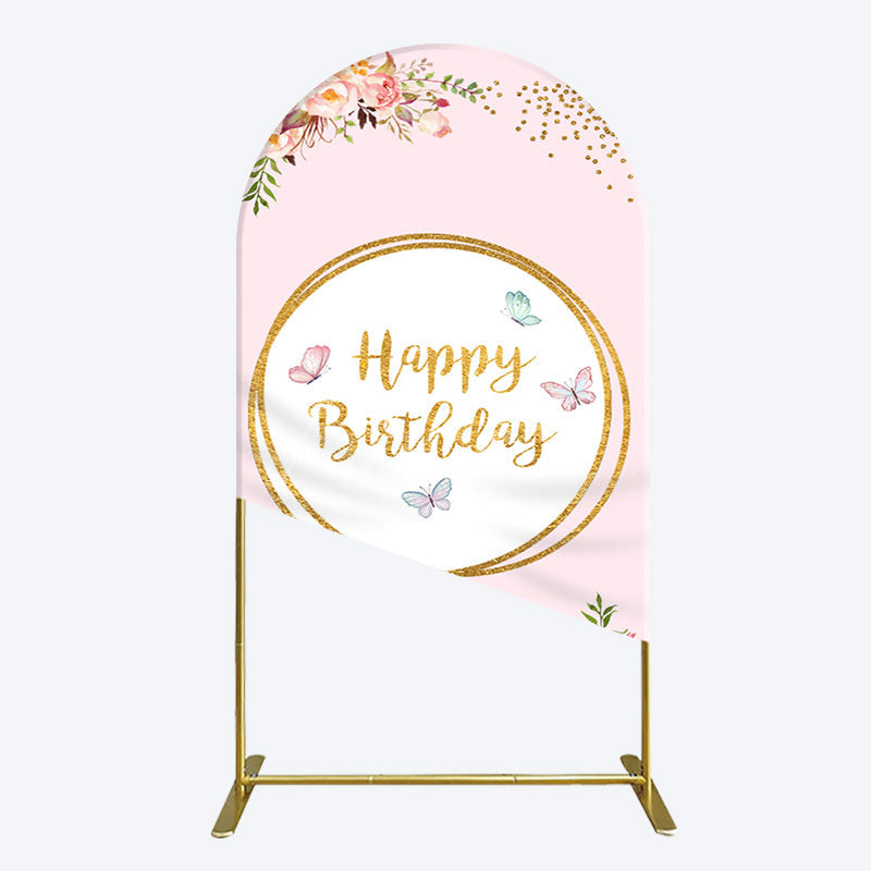 Aperturee - Aperturee Pink Floral Butterfly Happy Birthday Arch Backdrop