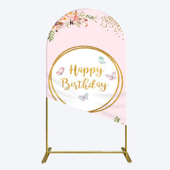 Aperturee - Aperturee Pink Floral Butterfly Happy Birthday Arch Backdrop