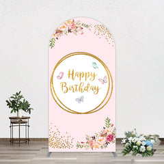Aperturee - Aperturee Pink Floral Butterfly Happy Birthday Arch Backdrop