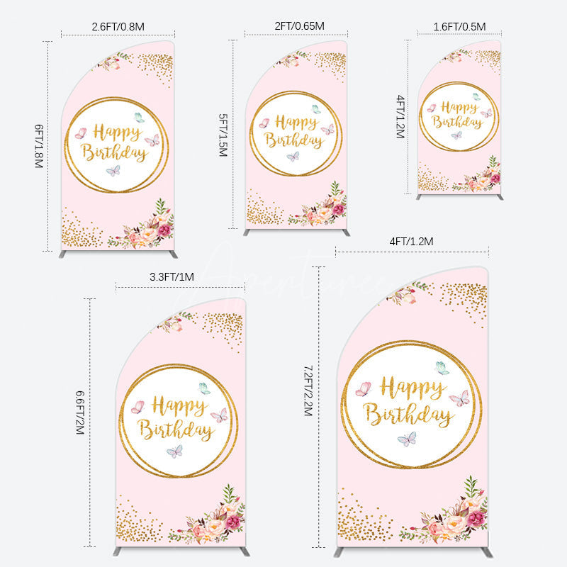 Aperturee - Aperturee Pink Floral Butterfly Happy Birthday Half Moon Arch Backdrop