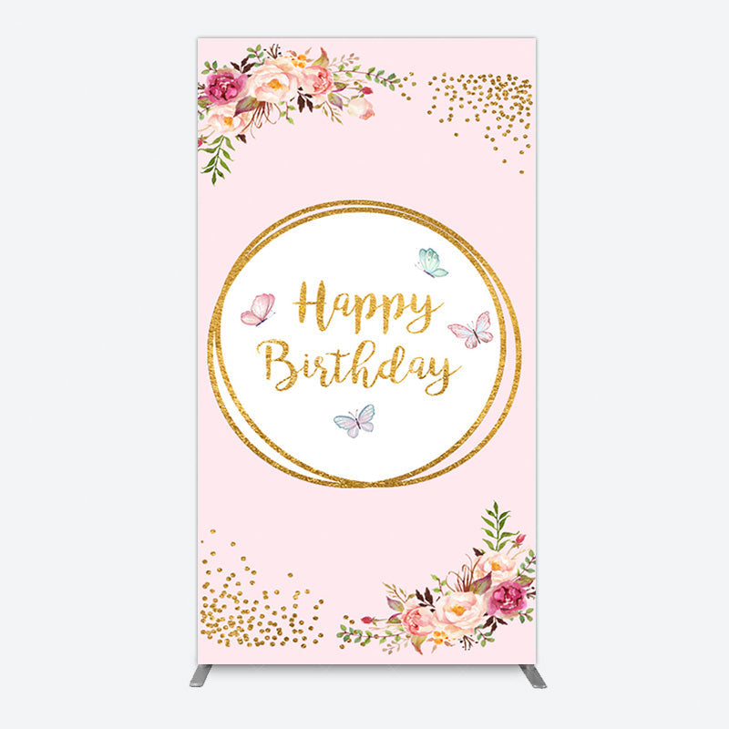 Aperturee - Aperturee Pink Floral Butterfly Happy Birthday Rectangle Backdrop