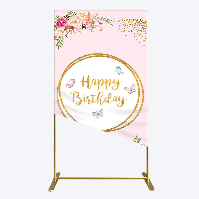 Aperturee - Aperturee Pink Floral Butterfly Happy Birthday Rectangle Backdrop