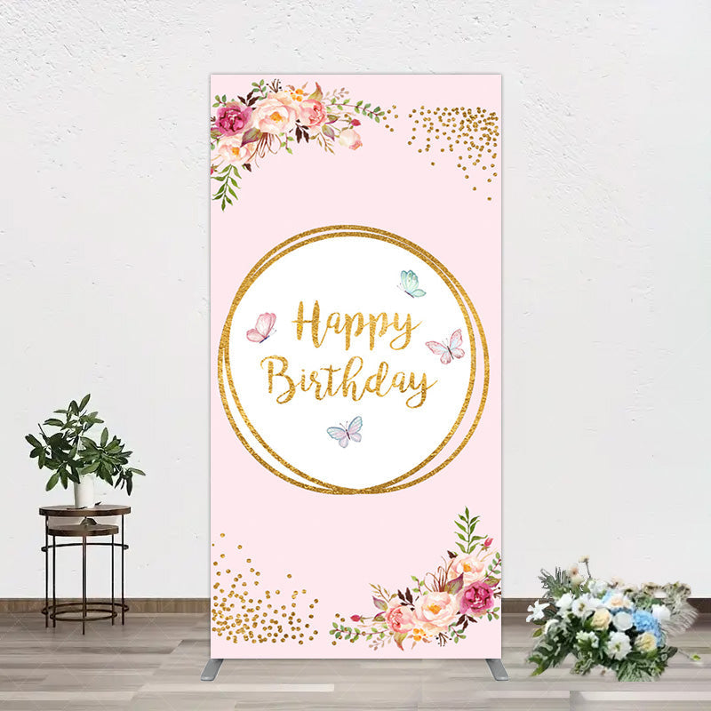 Aperturee - Aperturee Pink Floral Butterfly Happy Birthday Rectangle Backdrop