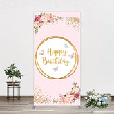 Aperturee - Aperturee Pink Floral Butterfly Happy Birthday Rectangle Backdrop
