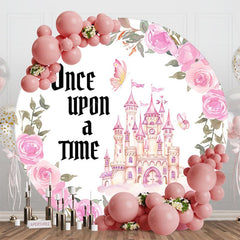 Aperturee - Aperturee Pink Floral Castle Once Upon A Time Round Backdrop