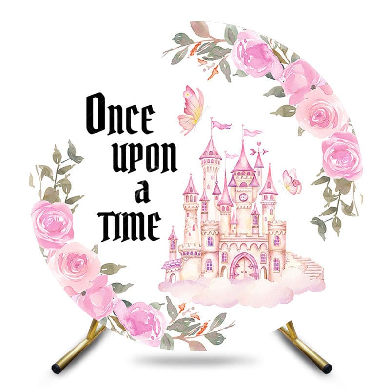 Aperturee - Aperturee Pink Floral Castle Once Upon A Time Round Backdrop