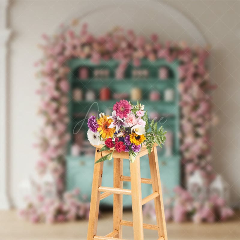 Aperturee - Aperturee Pink Floral Cupboard White Wall Wedding Backdrop