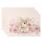 Aperturee - Aperturee Pink Floral Easter Bunny Set of 4 Placemats Cute Rabbit Spring Flower Table Mats for Dining Room