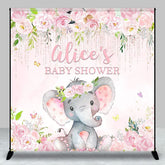 Aperturee - Aperturee Pink Floral Elephant Custom Name Baby Shower Backdrop