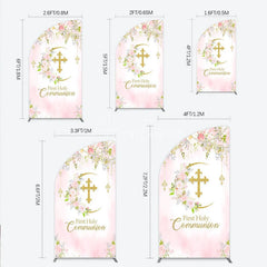 Aperturee - Aperturee Pink Floral First Holy Communion Half Moon Arch Backdrop Elegant Gold Glitter Cross Religious Decor