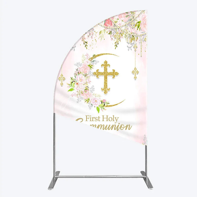 Aperturee - Aperturee Pink Floral First Holy Communion Half Moon Arch Backdrop Elegant Gold Glitter Cross Religious Decor