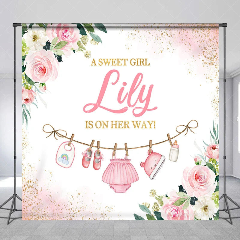 Aperturee - Aperturee Pink Floral Glitter Baby Clothesline Custom Backdrop A Sweet Girl Is On Her Way Baby Shower Gender Reveal Party Decor
