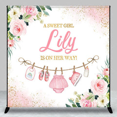 Aperturee - Aperturee Pink Floral Glitter Baby Clothesline Custom Backdrop A Sweet Girl Is On Her Way Baby Shower Gender Reveal Party Decor