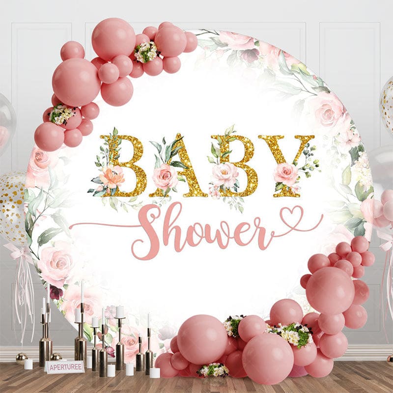 Aperturee - Aperturee Pink Floral Gold Glitter Round Baby Shower Backdrop