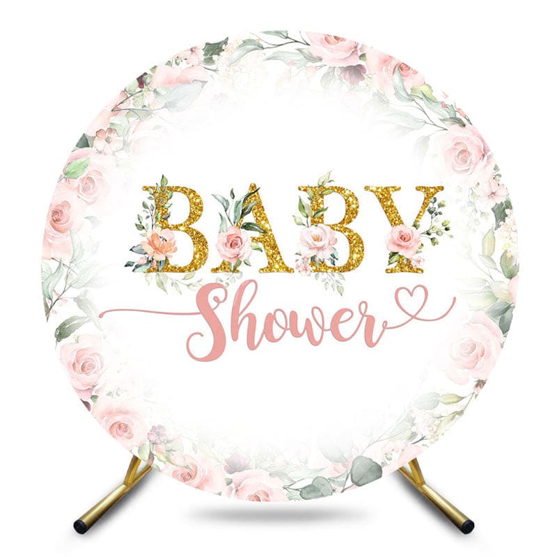 Aperturee - Aperturee Pink Floral Gold Glitter Round Baby Shower Backdrop