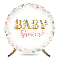Aperturee - Aperturee Pink Floral Gold Glitter Round Baby Shower Backdrop
