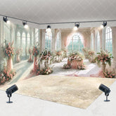 Aperturee - Aperturee Pink Floral Grand Hall Arched Windows Room Set Backdrop Elegant Wedding Photography Decor