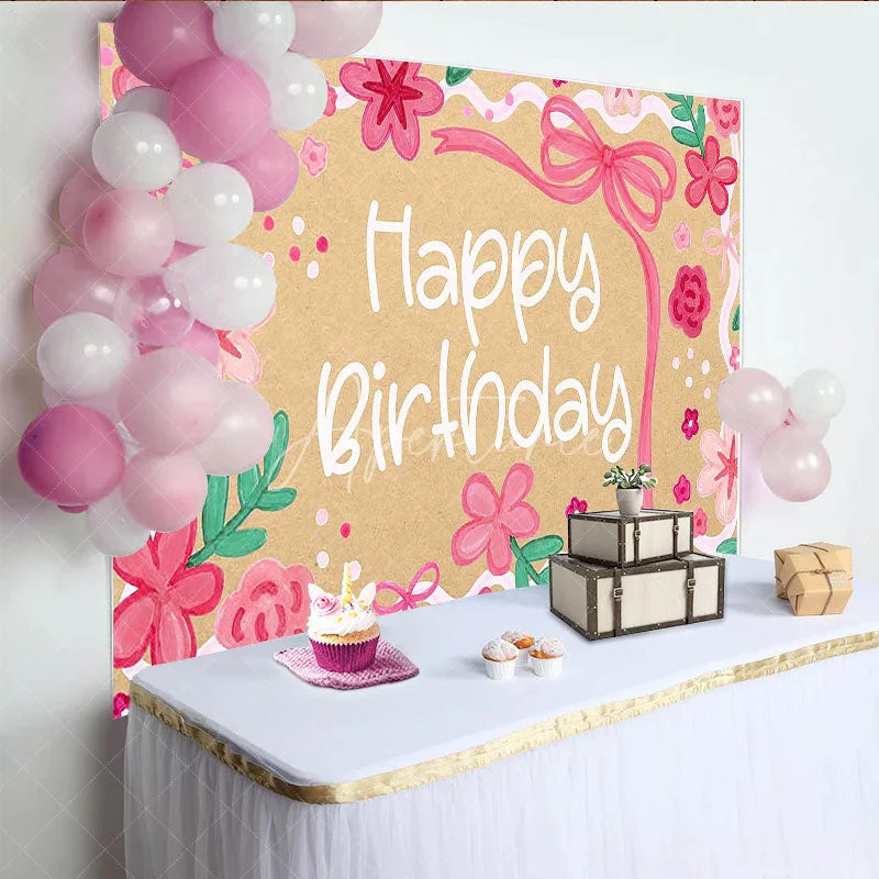 Aperturee - Aperturee Pink Floral Happy Birthday Backdrop Kraft Paper Style Garden Party Decoration for Girls