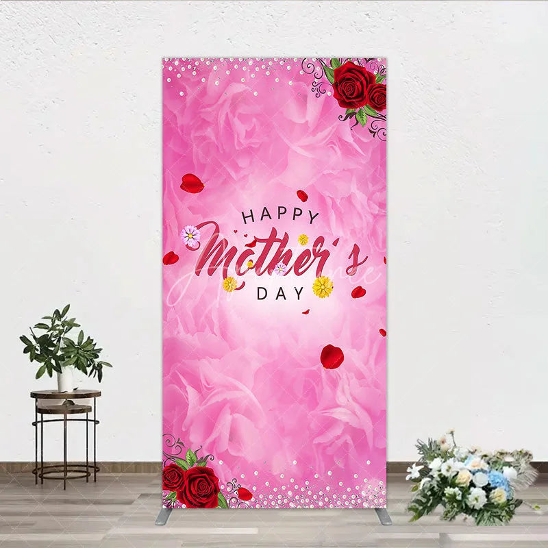 Aperturee - Aperturee Pink Floral Happy Mother’s Day Rectangle Arch Backdrop with Red Roses and Pearl Glitter Decor