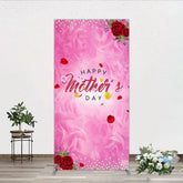Aperturee - Aperturee Pink Floral Happy Mother’s Day Rectangle Arch Backdrop with Red Roses and Pearl Glitter Decor