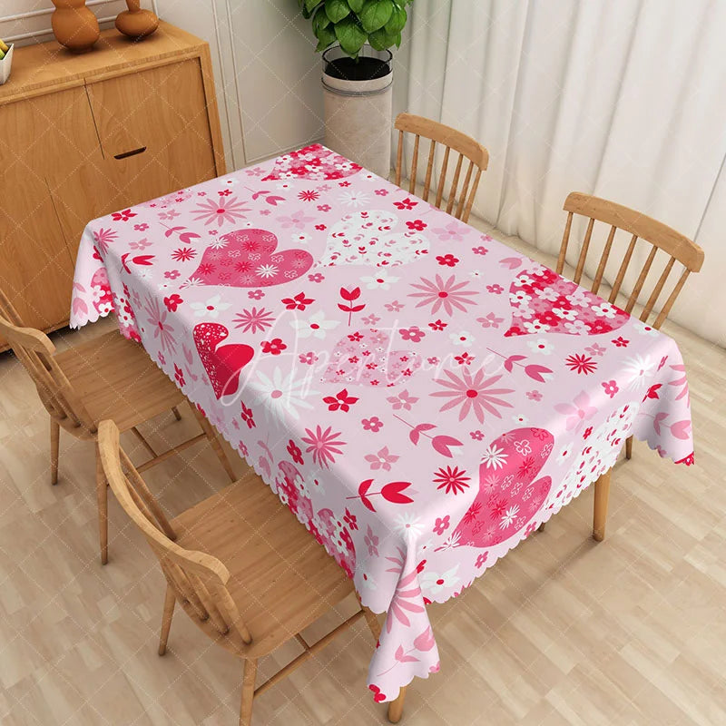 Aperturee - Aperturee Pink Floral Heart Rectangle Tablecloth White Flower Spring Table Cover Valentine Day Girl Party Decor