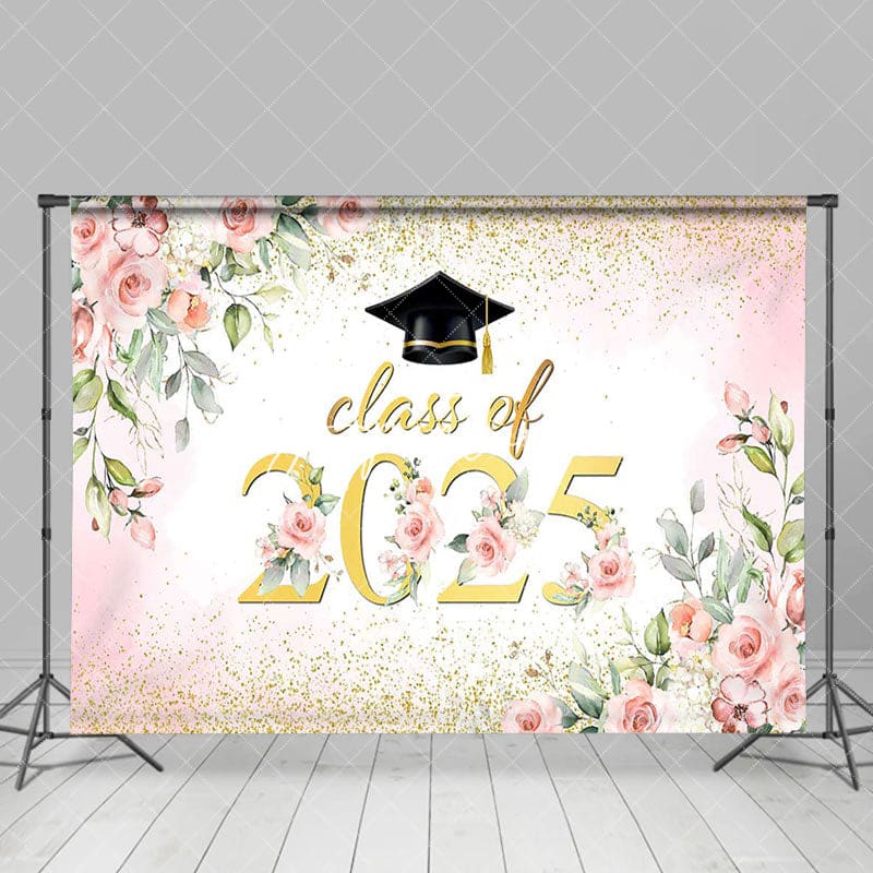 Aperturee - Aperturee Pink Floral Leaf Gold Glitter Class of 2025 Backdrop