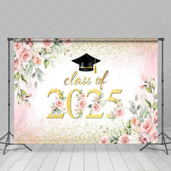 Aperturee - Aperturee Pink Floral Leaf Gold Glitter Class of 2025 Backdrop