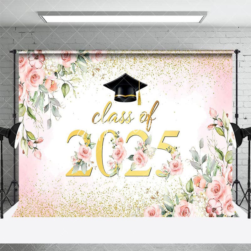 Aperturee - Aperturee Pink Floral Leaf Gold Glitter Class of 2025 Backdrop