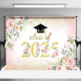 Aperturee - Aperturee Pink Floral Leaf Gold Glitter Class of 2025 Backdrop