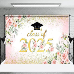 Aperturee - Aperturee Pink Floral Leaf Gold Glitter Class of 2025 Backdrop