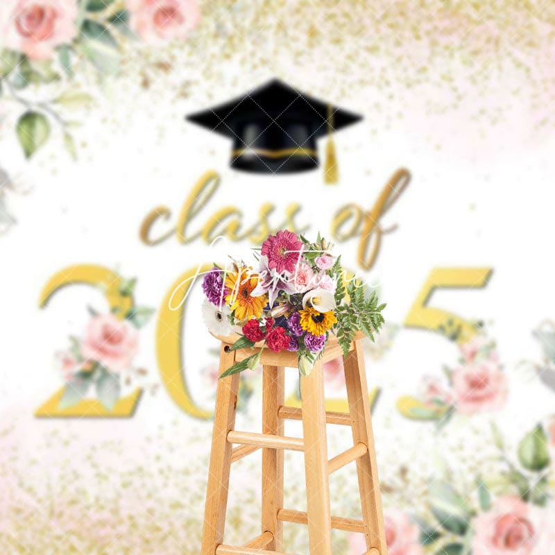 Aperturee - Aperturee Pink Floral Leaf Gold Glitter Class of 2025 Backdrop