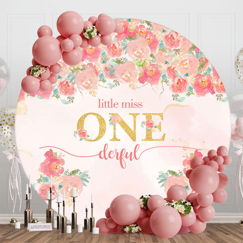 Aperturee - Aperturee Pink Floral Little Miss Round 1st Birthday Backdrop