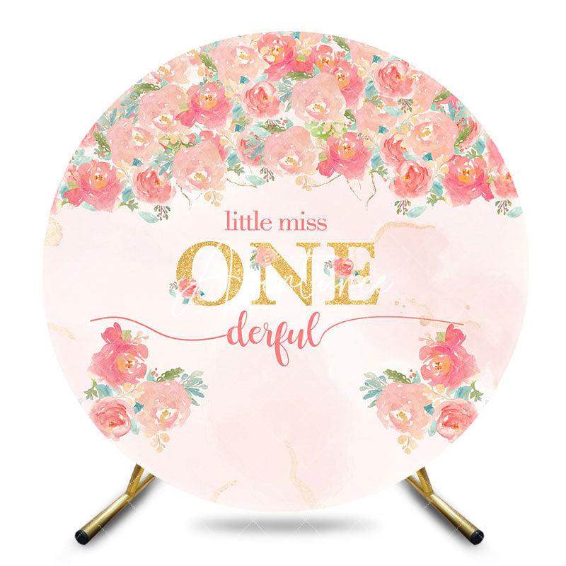 Aperturee - Aperturee Pink Floral Little Miss Round 1st Birthday Backdrop