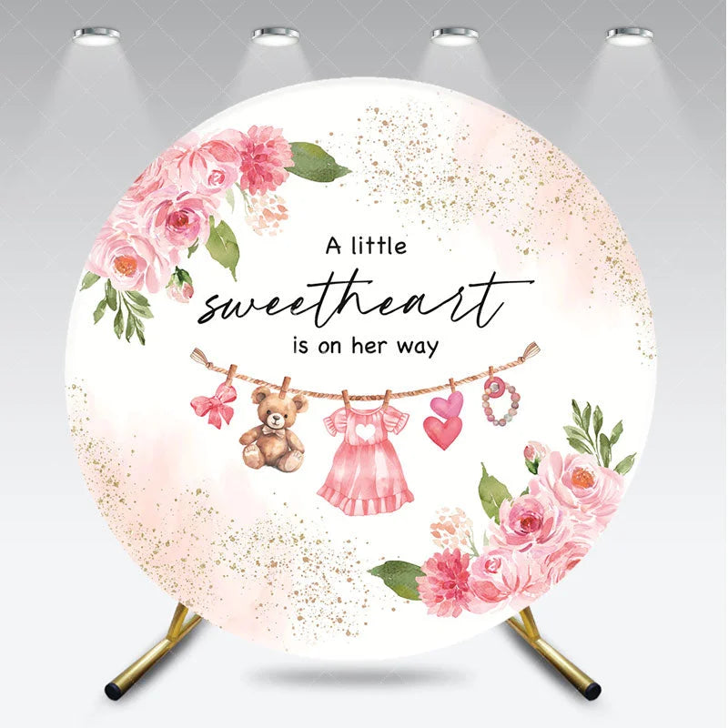 Aperturee - Aperturee Pink Floral Little Sweetheart Baby Shower Round Backdrop Rose and Baby Clothes Girl Party Cover
