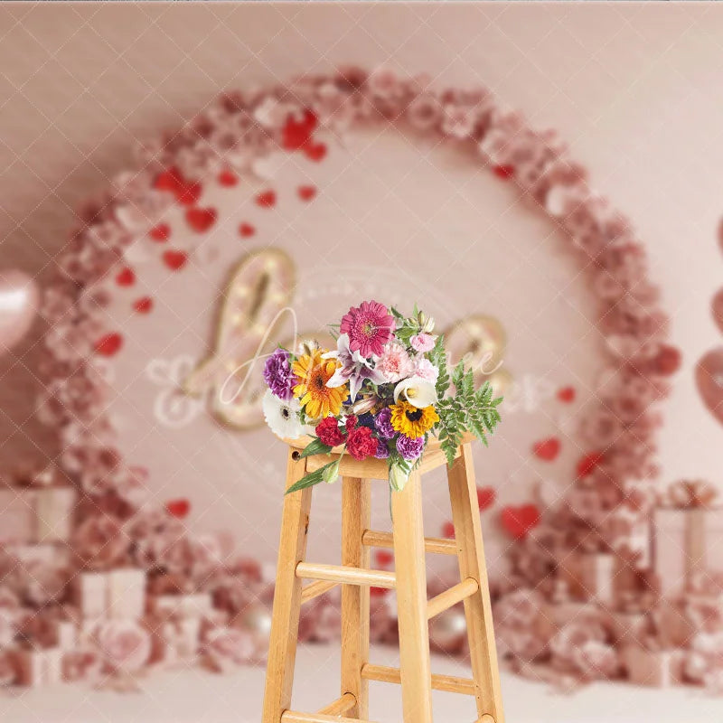 Aperturee - Aperturee Pink Floral Love Marquee Lights Backdrop Paper Flower Arch Heart Balloons Background Wedding Photography Decor