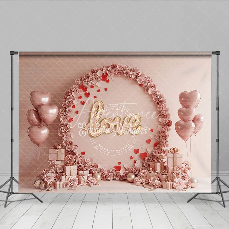 Aperturee - Aperturee Pink Floral Love Marquee Lights Backdrop Paper Flower Arch Heart Balloons Background Wedding Photography Decor