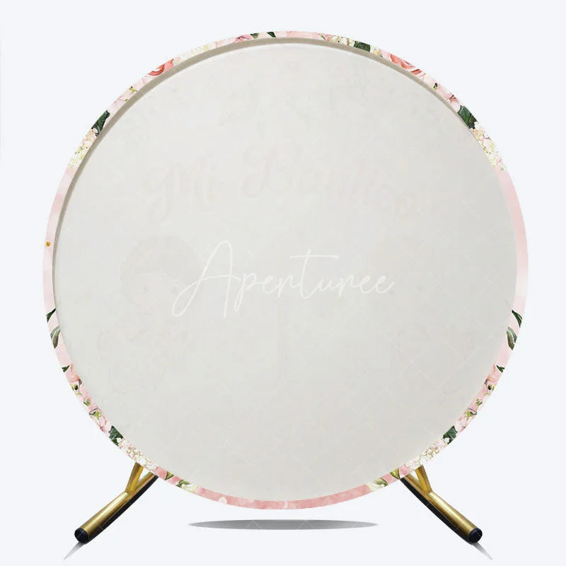 Aperturee - Aperturee Pink Floral Mi Bautizo Round Backdrop featuring Golden Cross and Baby Angels for Baptism Celebration