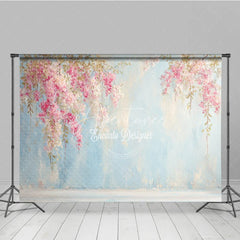 Aperturee - Aperturee Pink Floral Photography Backdrop Flowers on a Blue Textured Wall Painterly Fine Art Portrait Background