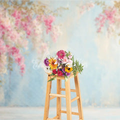 Aperturee - Aperturee Pink Floral Photography Backdrop Flowers on a Blue Textured Wall Painterly Fine Art Portrait Background